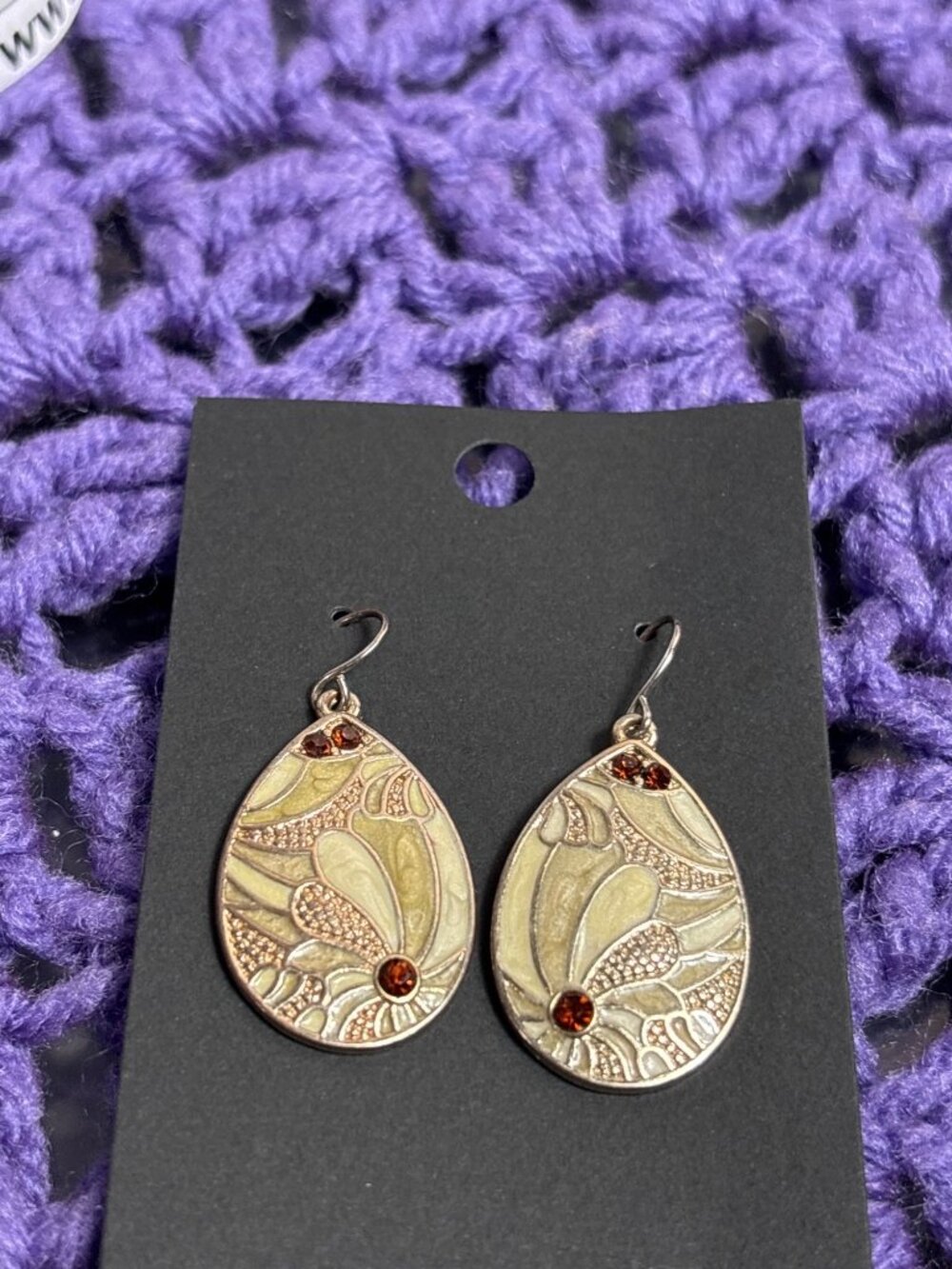 Goldtone Neutral Enamel Teardrop Dangle Earrings Brown 1 inch